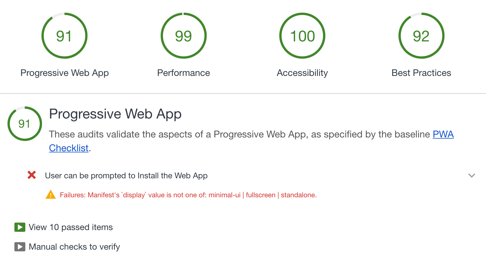 Image shows how the site scored in a lighthouse performance test. It scored 91/100 for progressive web app, 99/100 for performance, 100/100 for accessibility and 92/100 for best practices.